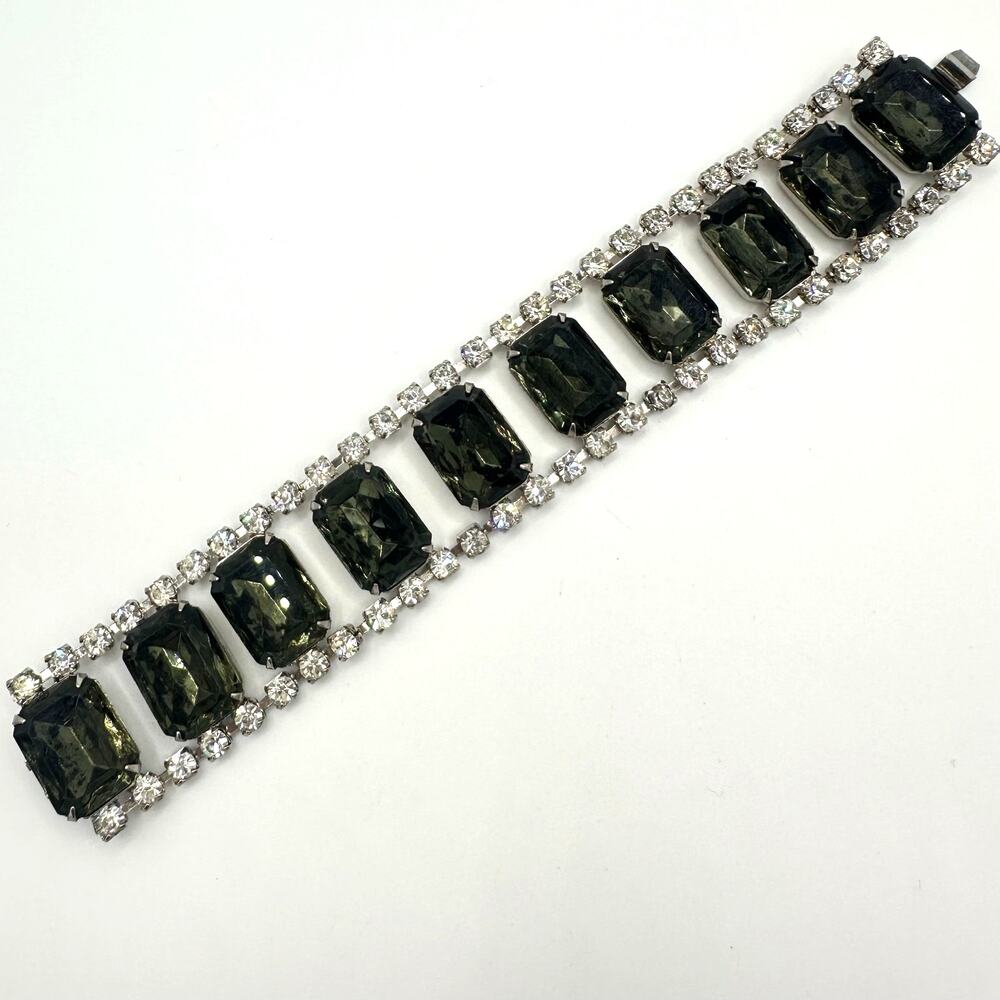 1950s vintage silver tone smoky gray green glass rhinestones tennis bracelet